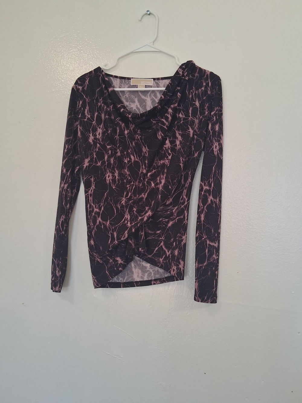 Michael Kors Black Long-Sleeve Drape Neck Top with Pink Marble Print